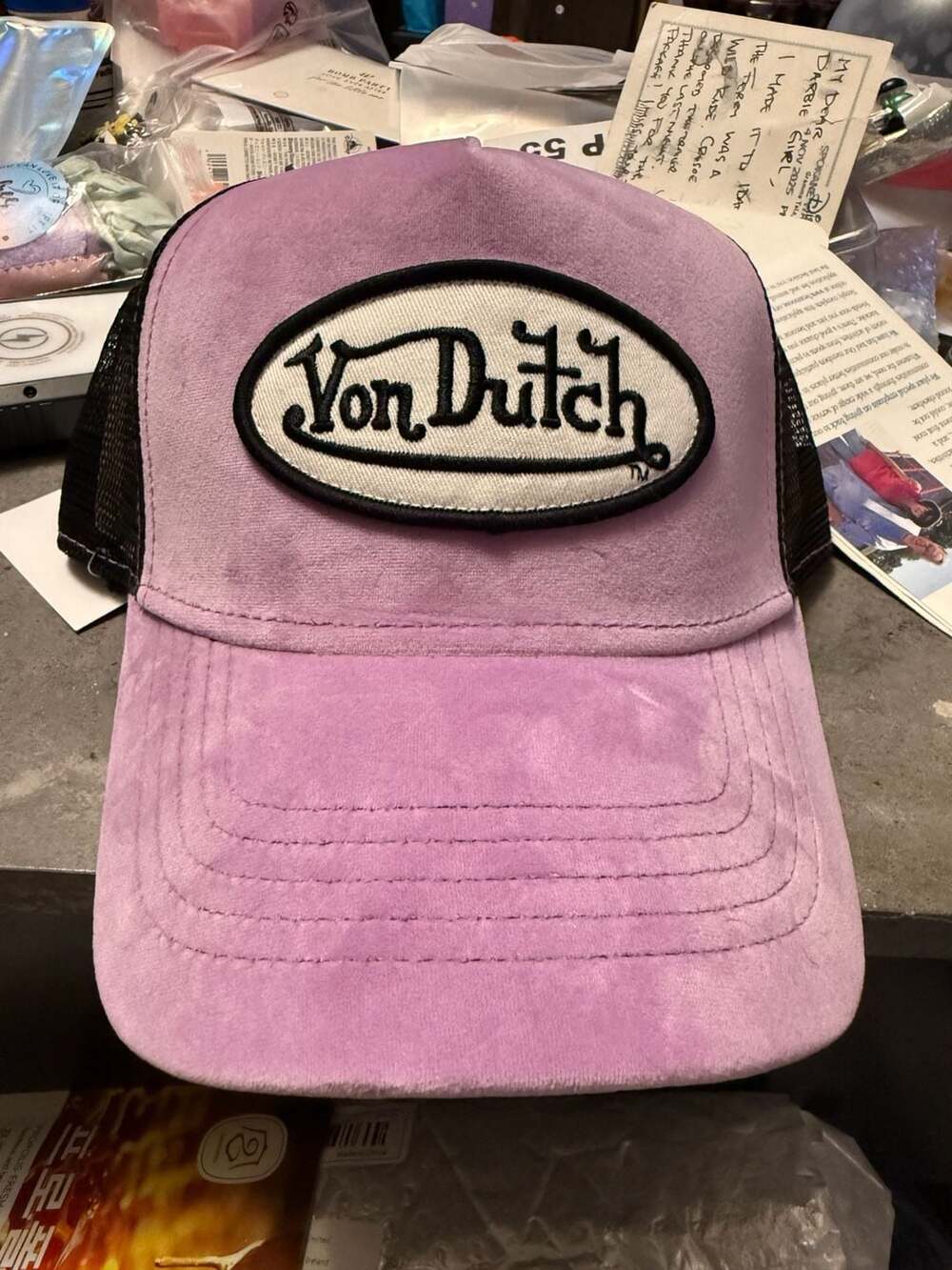 Von Dutch Velour Trucker Hat Cap Plum Dust One Size